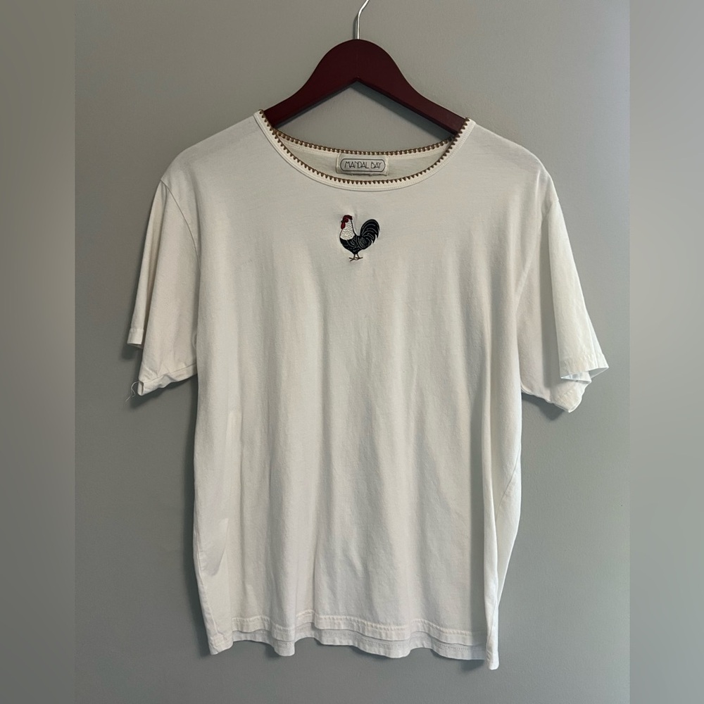 Vintage Mandal Day White Rooster Embroidered Crewneck Tee